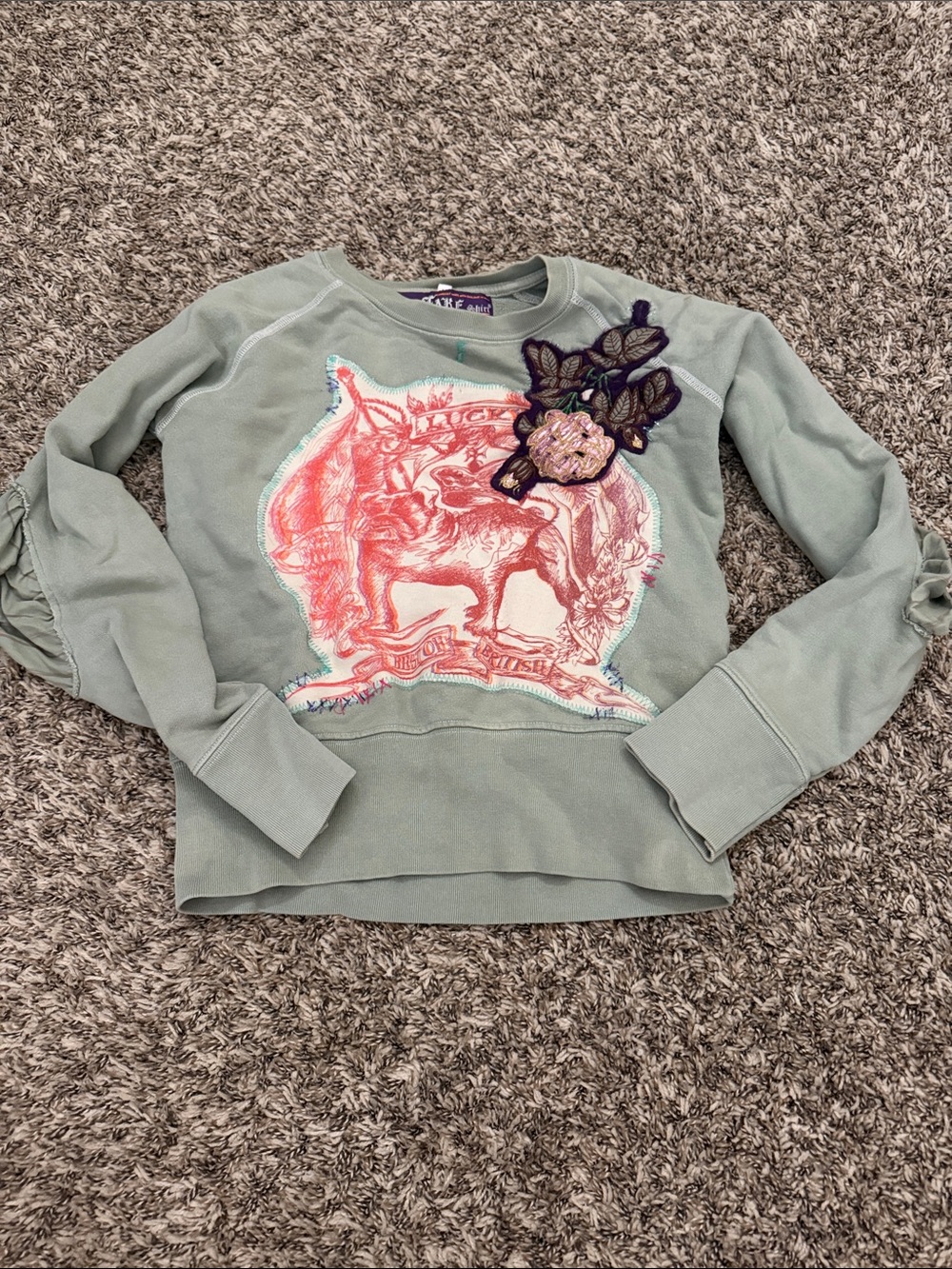 Sage Green Graphic top with Floral Appliqué